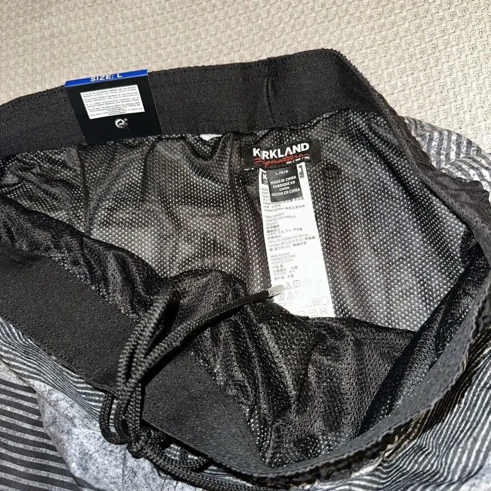 Kirkland Signature Men's Stretch Swim Shorts, Grey/Black Stripes Size Large NWT